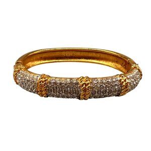 Vintage SAL Pave Rhinestones Hinged Bangle Bracelet Gold Tone Classic Evening